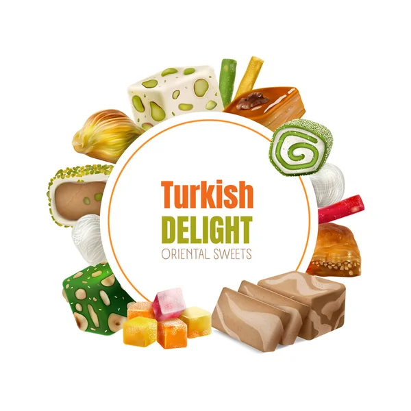 トルコの喜びの円形のフレームはシェルベットのバクラバハルバのベクトル イラストのような現実的な東洋のお菓子で揚げました — ストックベクタ