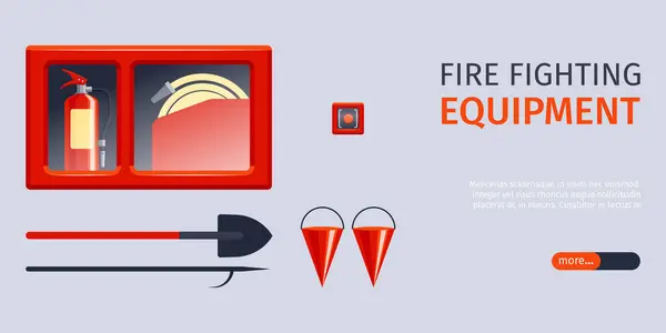 編集可能なテキストのスライダー ボタンおよび異なった消火装置のアイコンが付いている消火器の横の旗 ベクトルの図 — ストックベクタ
