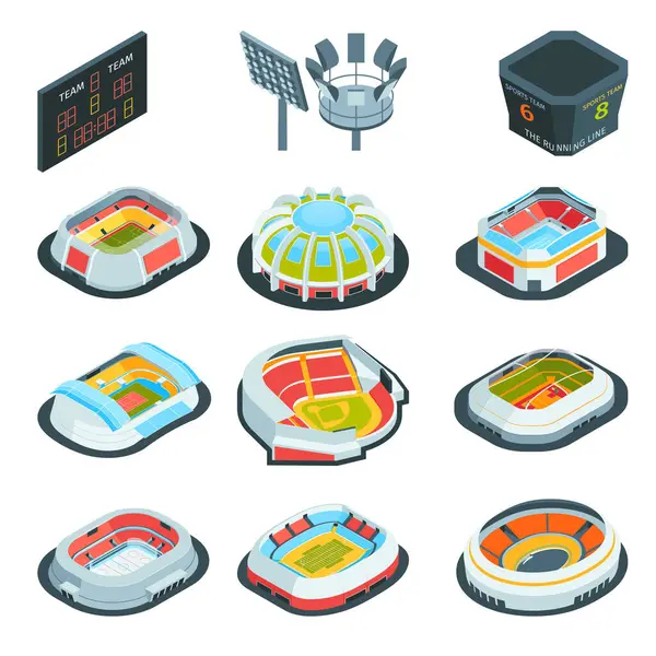 Izometrický Sadu Stadionu Izolovaných Ikon Sportovními Arénami Různých Architektonických Designu — Stockový vektor