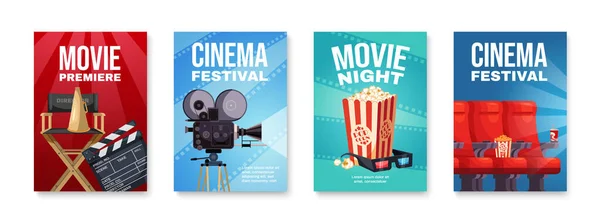 Pionowe Kino Premierowe Plakaty Ustawione Stylu Płaskim Fotelem Reżysera Popcorn — Wektor stockowy