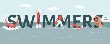 Açık su düz metin kavramını, profesyonel yüzücüler ve ekipman vektör çizimleri biçimindeki elementlerle yüzün