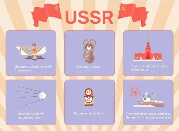 Ussr Símbolos Afiche Infografía Plana Con Oso Kremlin Satélite Matryoshka — Vector de stock