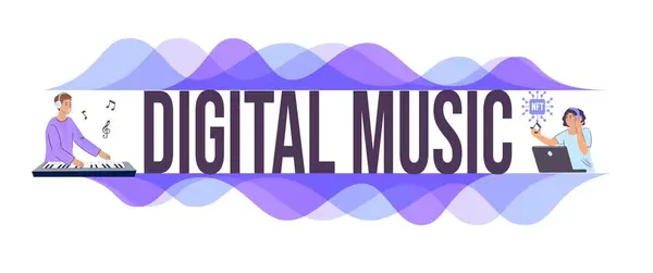 Створення Цифрової Музики Плаский Текстовий Банер Музикантами Роблять Мелодії Клавіатурі — стоковий вектор