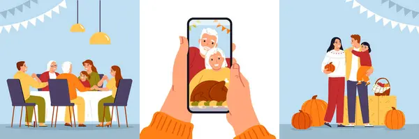 Thanksgiving Day Flat Set Family Sitting Together Table Taking Selfie — Stock Vector