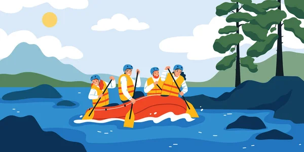 水上运动的概念 一群戴着头盔 身穿救生衣的快乐的人正在享受漂泊的平面病媒图解 — 图库矢量图片