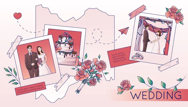 Свадебная Плоская Линия Композиция Мгновенными Фотографиями Цветов Клейкой Ленты Невесты — стоковый вектор