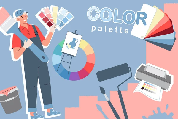Kleur Palet Collage Met Ontwerp Symbolen Vlakke Vector Illustratie — Stockvector