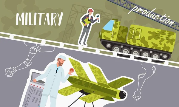Collage Plano Con Personas Durante Producción Transporte Militar Ilustración Vectores — Archivo Imágenes Vectoriales
