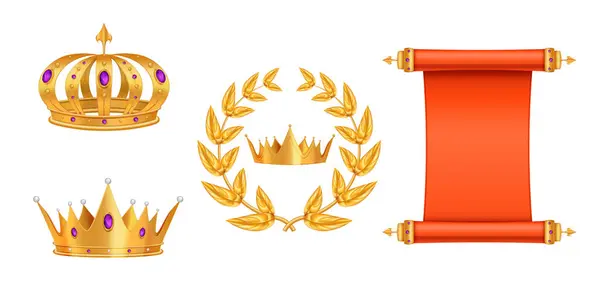 Gouden Koninklijke Kroon Set Met Nobele Symbolen Realistische Geïsoleerde Vector — Stockvector