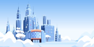 Buz kar modern şehir yapısı ile şehir manzaralı buz saçakları ve kar vektörü çizimleri ile gökdelenler