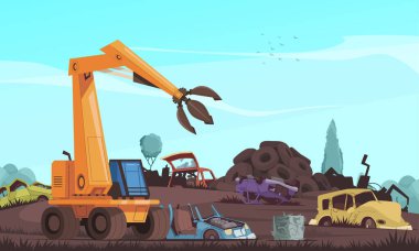 Car dump cartoon composition with crushed auto landfill vector illustration