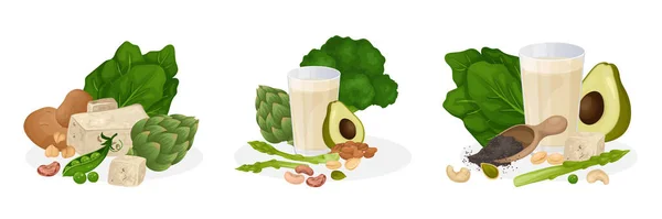 Vegan Protein Food Set Three Compositions Glasses Soy Milk Salad — Stock Vector