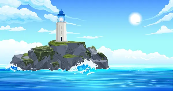 Composizione Faro Con Paesaggio Esterno Mare Con Isola Rocciosa Torre — Vettoriale Stock