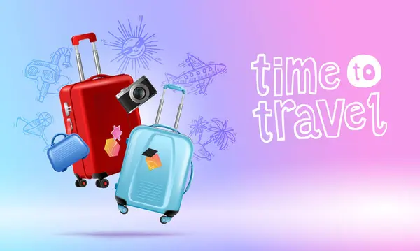 现实的横向旅行海报 附有两个悬浮行李箱相机和迷你袋矢量图解 — 图库矢量图片