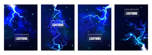 Piorun Plakaty Realistyczne Zestaw Elektrycznym Niebieskim Iskrą Absolutorium Nocy Niebo — Wektor stockowy