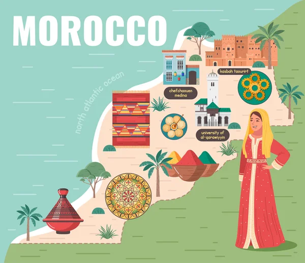 Marruecos Mapa Turístico Viajes Composición Plana Mujer Texto Vestido Tradicional — Vector de stock