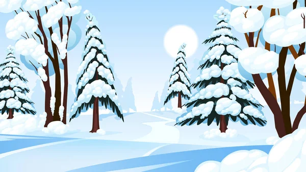 阳光明媚的冬季森林卡通画 自然树木覆盖着霜冻和雪媒介图解 — 图库矢量图片
