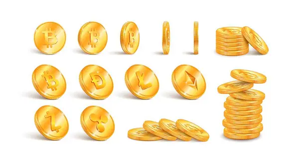 特定のトークンベクトルイラストを表す彫刻されたシンボルが刻まれた金貨の単離されたアイコンを備えたクリプトコイン現実的なセット — ストックベクタ