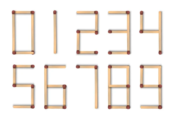 シンプルな木製のマッチで作られたアラビア数字は 現実的なベクトルイラストをスティックします — ストックベクタ