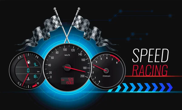 Snelheidsrace Poster Met Realistische Auto Snelheidsmeter Vector Illustratie — Stockvector