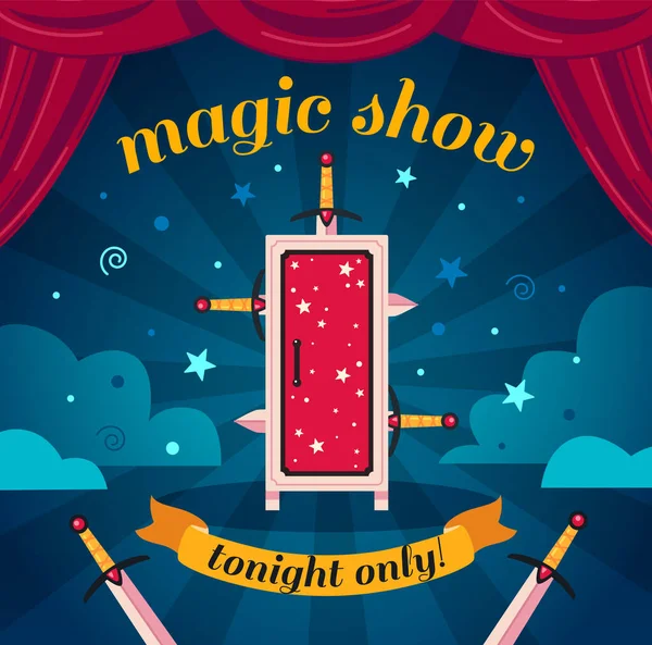 Magic Show Cartoon Poster Met Doos Gestoken Met Zwaarden Vector — Stockvector