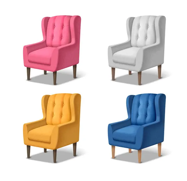 異なった色の古典的な柔らかい腕の椅子によって置かれる椅子の現実的なアイコンはベクターのイラストを分離しました — ストックベクタ