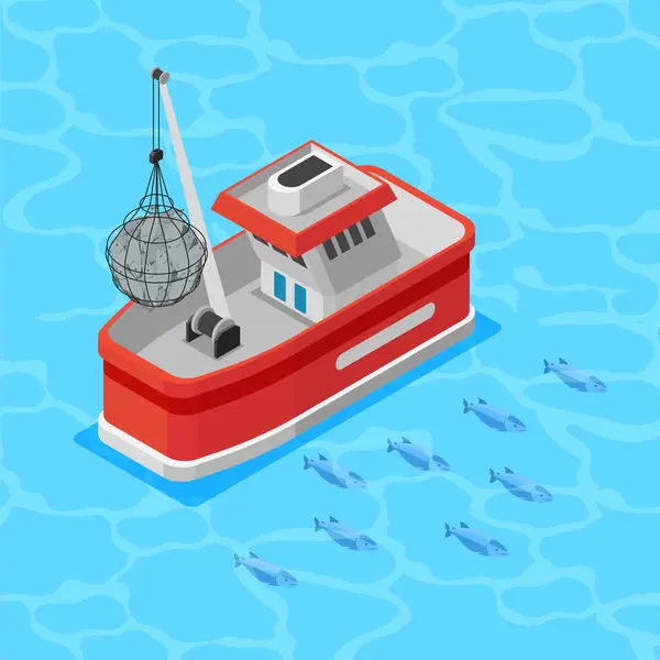 Mariculture Industrie Isometrischen Hintergrund Mit Fischerboot Und Schwarm Von Meeresfischen — Stockvektor