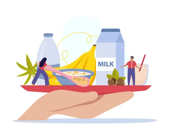 Vegane Milchflachkomposition Mit Menschlicher Hand Die Laktosefreie Getränke Hält — Stockvektor