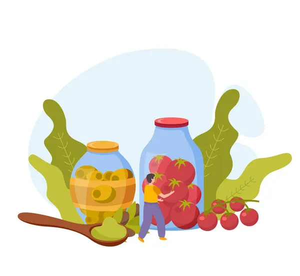 Composición Plana Alimentos Enlatados Con Aceitunas Frutas Tarros Vidrio Ilustración — Vector de stock