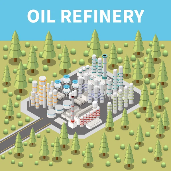 Oil Refinery Plant Building Forest Isometric Vector Illustration — Stock Vector