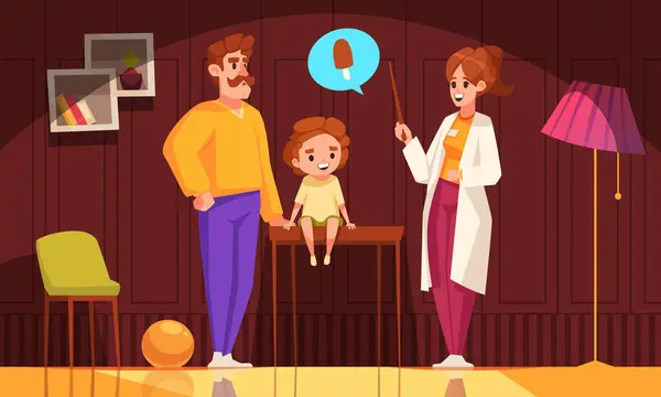 Latar Belakang Kartun Pediatris Dengan Dokter Wanita Memeriksa Anak Yang - Stok Vektor
