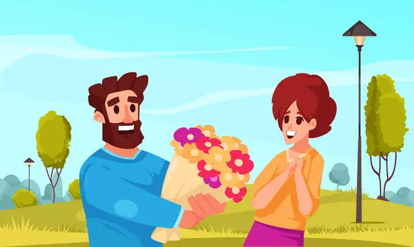 Romantický Vztah Karikatura Pozadí Mužem Dávat Kytice Jarní Květiny Mladé — Stockový vektor