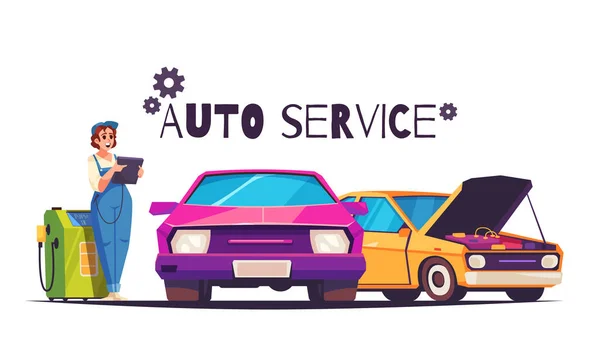 Auto Service Cartoon Tle Cute Kobieta Pracownik Wykonujący Diagnostykę Pojazdu — Wektor stockowy