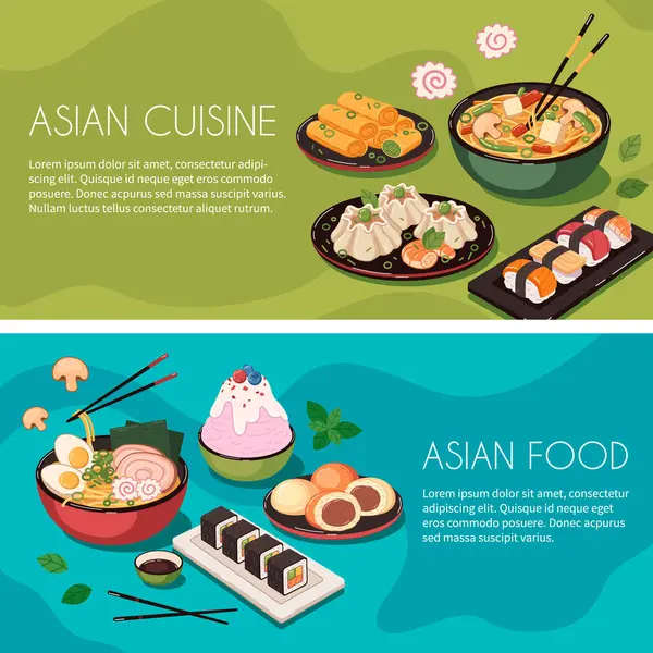 Aziatisch Voedsel Cartoon Banner Set Met Chinees Cuising Gerechten Geïsoleerde — Stockvector