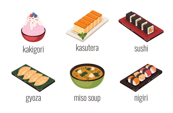 Azji Żywności Ikony Kreskówki Zestaw Ryżem Sushi Posiłki Izolowane Wektor — Wektor stockowy