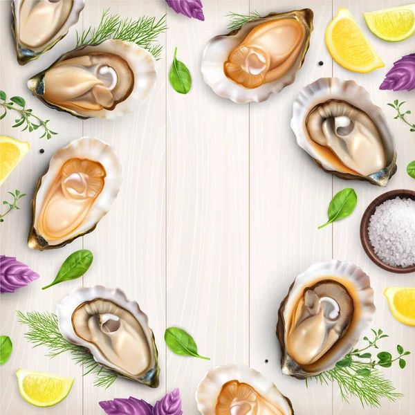 Realistic Frame Composition Top View Oysters Served Shells Greens Lemon — Stock Vector