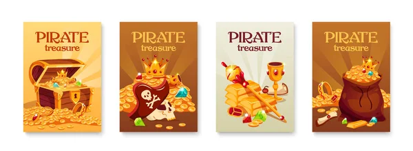 Set Four Vertical Cartoon Pirate Treasure Posters Shiny Gold Gems — Stock Vector
