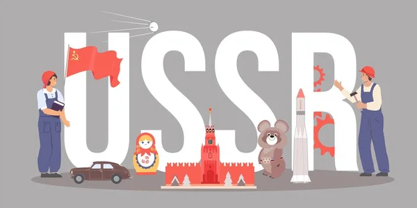 Ussr Symbolen Tekst Samenstelling Platte Stijl Grijze Achtergrond Met Sovjet — Stockvector