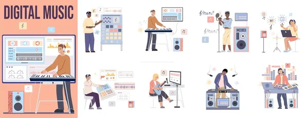 Müzisyenler Ses Mühendisleri Stüdyo Düz Kompozisyonunda Dijital Müzik Oluşturuyorlar — Stok Vektör