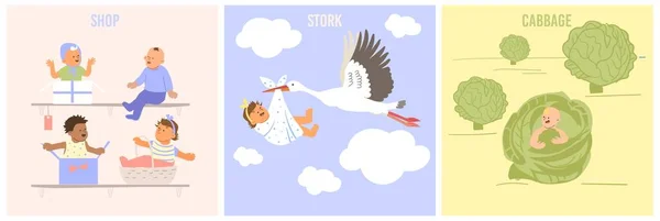 Gyermekek Születési Lapos Koncepció Készlet Újszülött Csecsemők Találhatók Káposzta Üzlet — Stock Vector