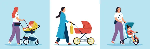 Madres Caminando Con Cochecitos Conjunto Plano Ilustración Vectorial Aislado — Archivo Imágenes Vectoriales