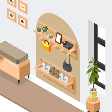 Bot çerçeveleri ve aksesuar vektör illüstrasyonlu raf standlarının kapalı görünümü olan izometrik arkaplan bileşimini depola