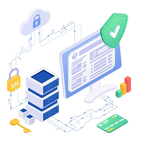 Secure Payment Isometric Composition Isolated View Computer Connected Network Clouds — Stock Vector