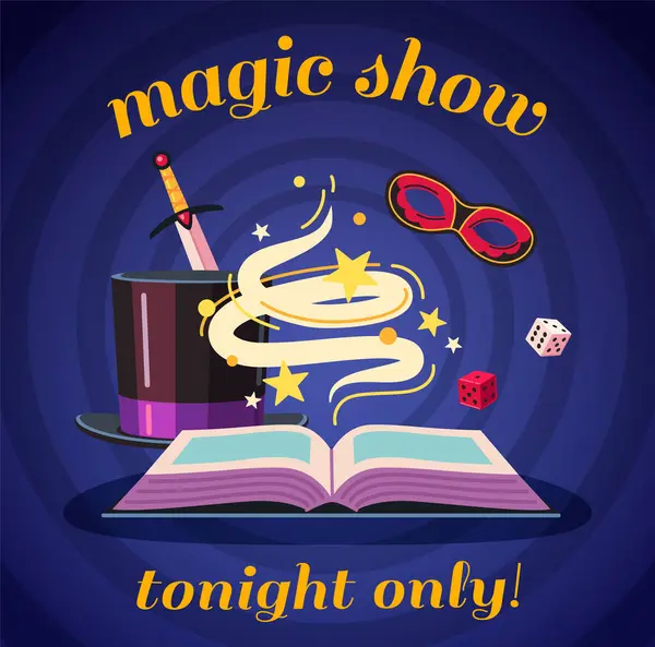 Magic Show Cartoon Poster Magician Cylinder Mistery Book Vector Illustration — Stock Vector