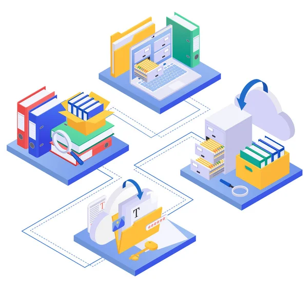Archive Documents Processing Isometric Composition Set Connected Platforms Cloud Storage — Stock Vector