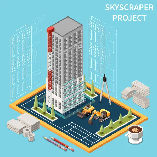 Felhőkarcoló Építési Projekt Izometrikus Koncepció Befejezetlen Építőanyagok Gépek Műszaki Rajz — Stock Vector