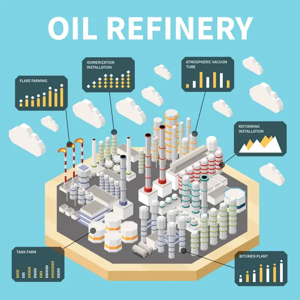 Oil Refinery Processes Isometric Infographic Plant Building Vector Illustration — Stock Vector