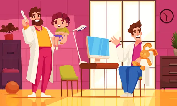 クリニックのフラットベクターイラストで小さな赤ちゃんを調べる2人の小児科医との子供の医療漫画の背景 — ストックベクタ