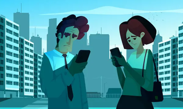スマートフォン中毒漫画ベクターイラスト 夜の都市の背景で自分の携帯電話を見ている男女 — ストックベクタ