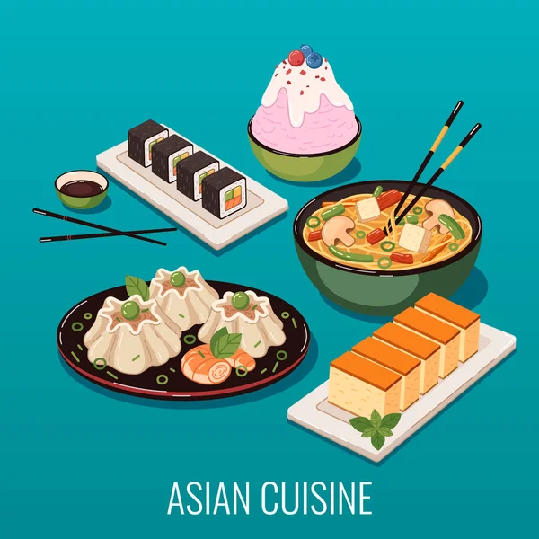 寿司と中国の餃子を用いたアジアの食品漫画の構成 ベクターイラスト — ストックベクタ